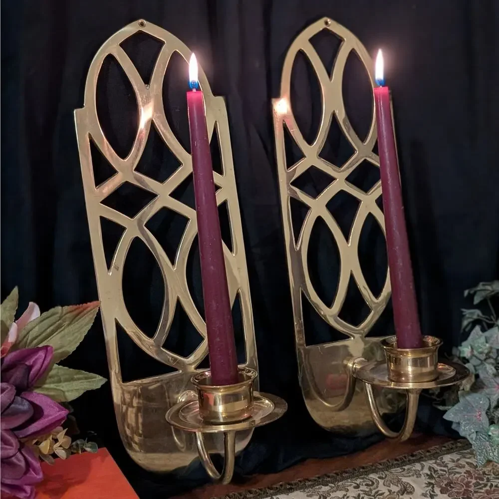 Vintage Solid Brass Wall Sconce Pair Art Deco Geometric Statement Candle Holders